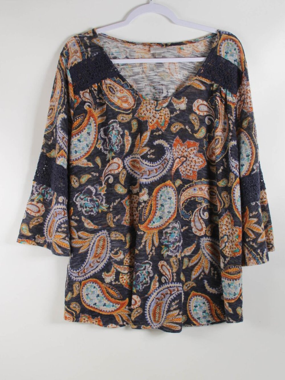 Avenue 22/24 Paisley Boho Tunic Top 3/4 Sleeve Crochet Lace Navy Blue
